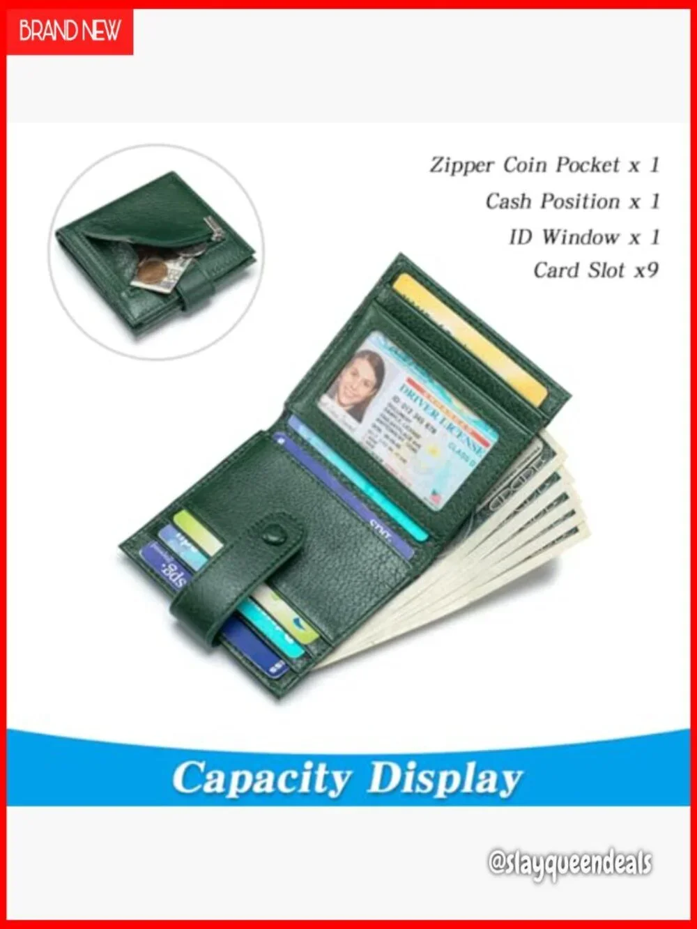 Genuine Leather Slim Bifold Wallet With Zipper Coin Pouch ID Window